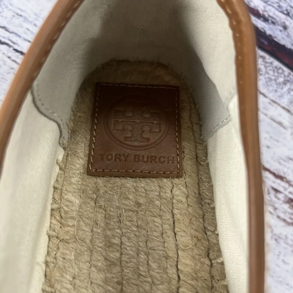 NEW Tory Burch Shaw Espadrille White Tan Logo Canvas Flats Women’s Size 10